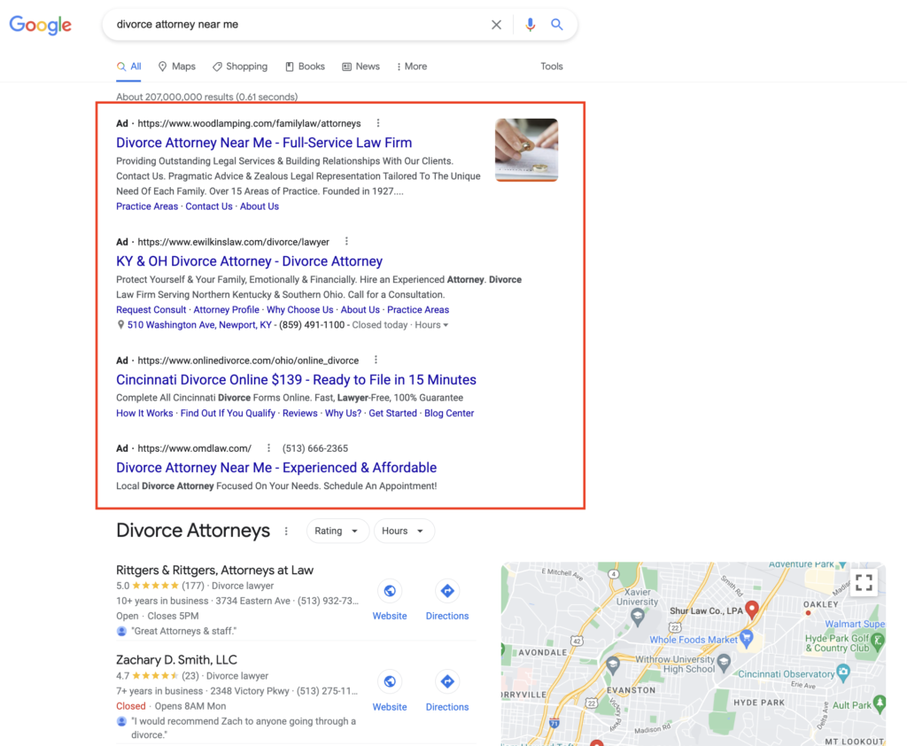 Image of Google search result for Divorce Lawyer Near Me showing where Google PPC Ads vs SEO organic